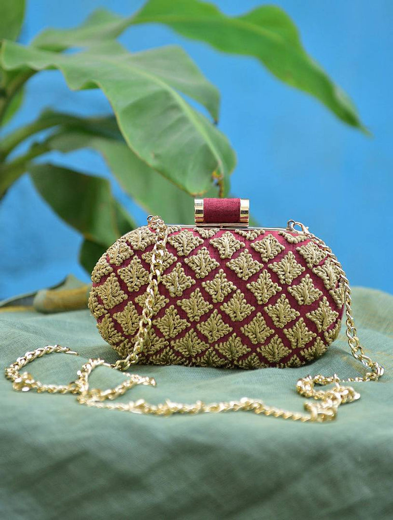 Maroon Gold Hand Embroidered Silk Clutch