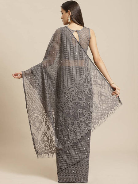 Women's Grey Woven Design Supernet Saree With Blouse Piece