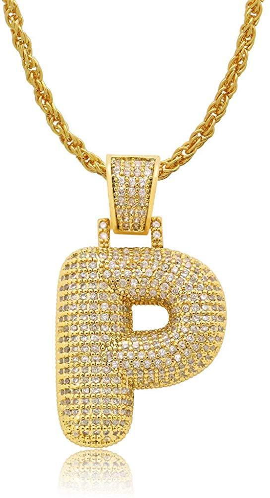 Diamond Created 18K Gold Plated Letter Pendant with Chain - P ITALY Made - gocyberbiz.com