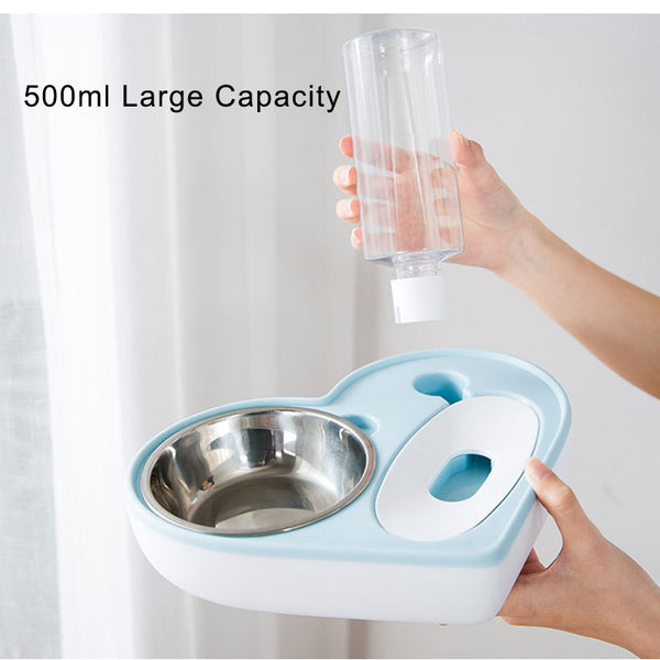2 In 1 Pet Dog Cat Water Food Bowl Set Automatic Water Dispenser Bottle  Detachable Stainless Steel Small Puppy Dog Food Bowl - gocyberbiz.com