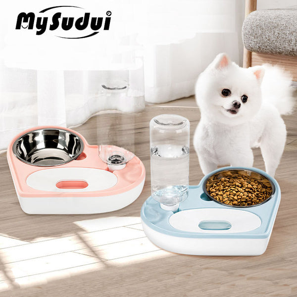 2 In 1 Pet Dog Cat Water Food Bowl Set Automatic Water Dispenser Bottle  Detachable Stainless Steel Small Puppy Dog Food Bowl - gocyberbiz.com