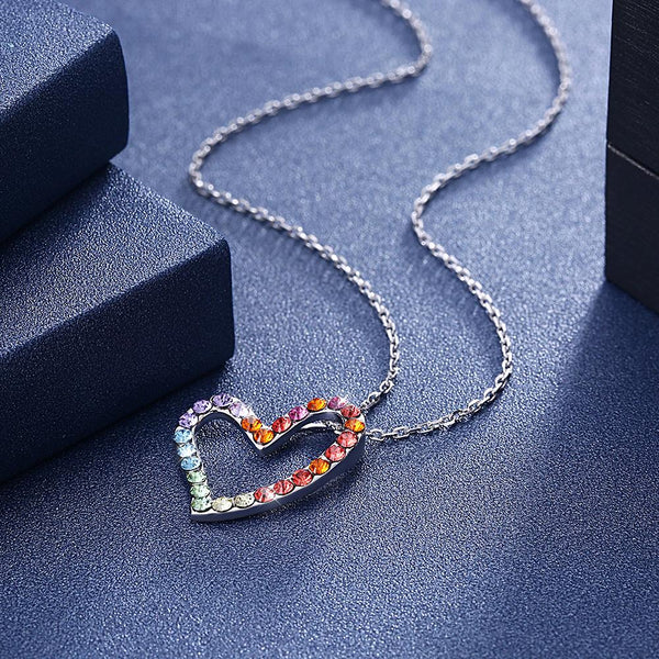 Rainbow Heart Sterling Silver Necklace with  Crystals - gocyberbiz.com
