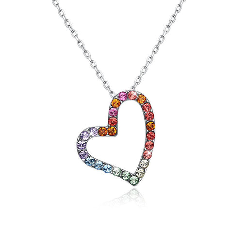 Rainbow Heart Sterling Silver Necklace with  Crystals - gocyberbiz.com