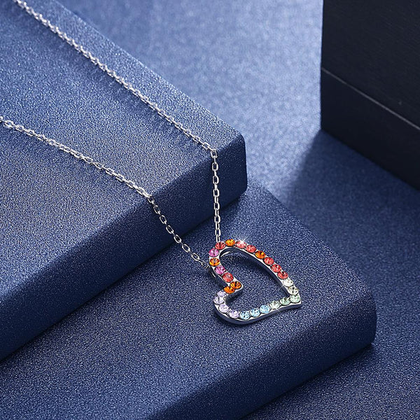 Rainbow Heart Sterling Silver Necklace with  Crystals - gocyberbiz.com